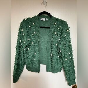 ✨Mighty Fine Womens Lumpy Green Pearl Knit Short Cardigan Sweater Size Small